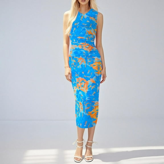 BLTIBY Pleated Mesh Dresses for Women Sleeveless Crew Neck Color Block Flower Maxi Long Dresses Elegant Fashion 2025 Light Blue L