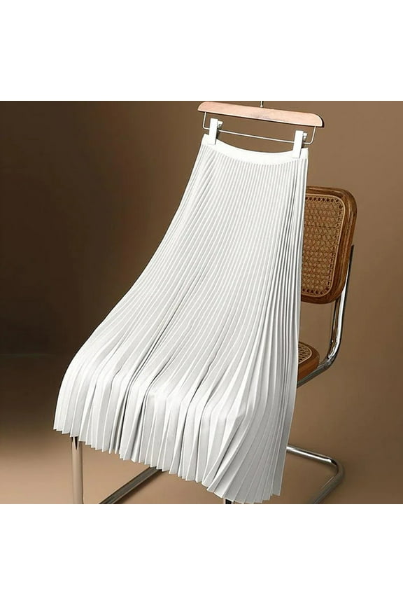 Pleated Midi Skirts for Women, A Line Long High Elastic Waisted Solid Colour Summer Flowy Chiffon Swing Skirt Plus Size White M
