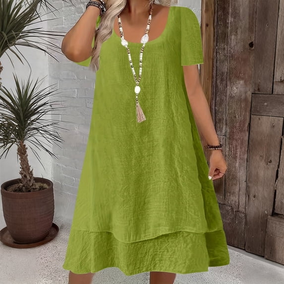 BLTIBY Plus Size Womens Peplum Dress Summer Flowy Casual Solid Color Midi Dresses Crew Neck Short Sleeve Loose Beach Vacation Clothes Green XL
