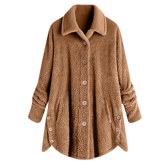BLTIBY Plush Fleece Jacket for Women Winter Button-Up Pajamas Hoodie Lapel Coat Fuzzy Outwear with Pockets Brown M