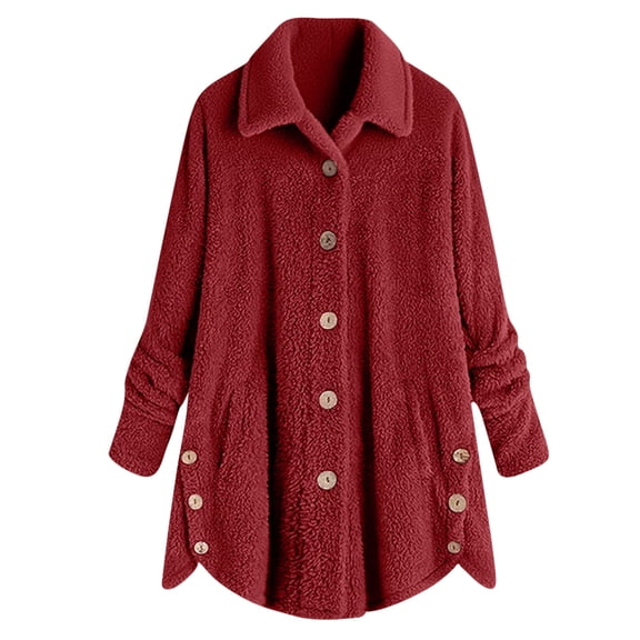 BLTIBY Plush Fleece Jacket for Women Winter Button-Up Pajamas Hoodie Lapel Coat Fuzzy Outwear with Pockets Red M