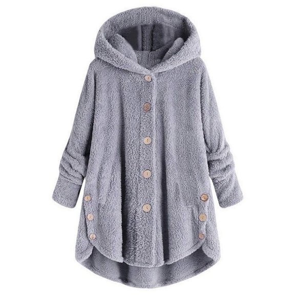 BLTIBY Plush Fleece Jacket for Women Winter Plus Size Button-Up Pajamas Hoodie Coat Fuzzy Outwear with Pockets Gray L