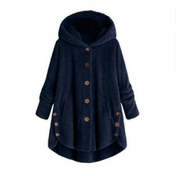 BLTIBY Plush Fleece Jacket for Women Winter Plus Size Button-Up Pajamas Hoodie Coat Fuzzy Outwear with Pockets Navy 3XL