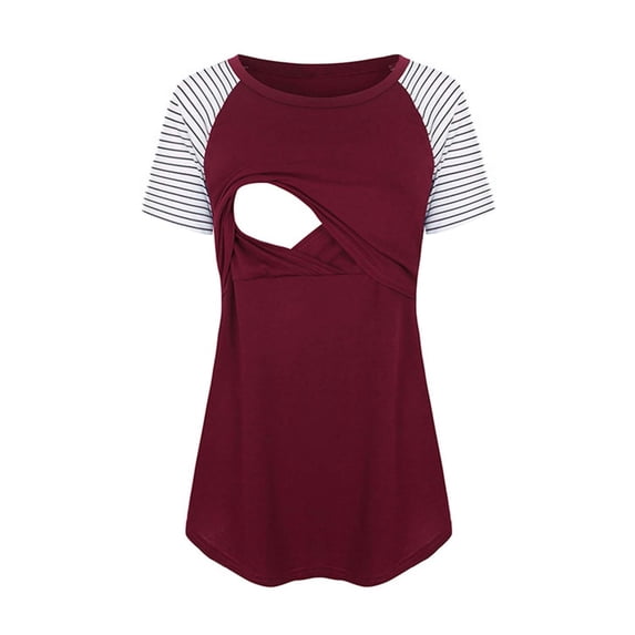 BLTIBY Pregnant Maternity Breastfeeding Long Sleeve Tops For Women Womens Maternity Nursing Clothes Long Sleeve Patchwork Breastfeeding Blouse Tops Red M