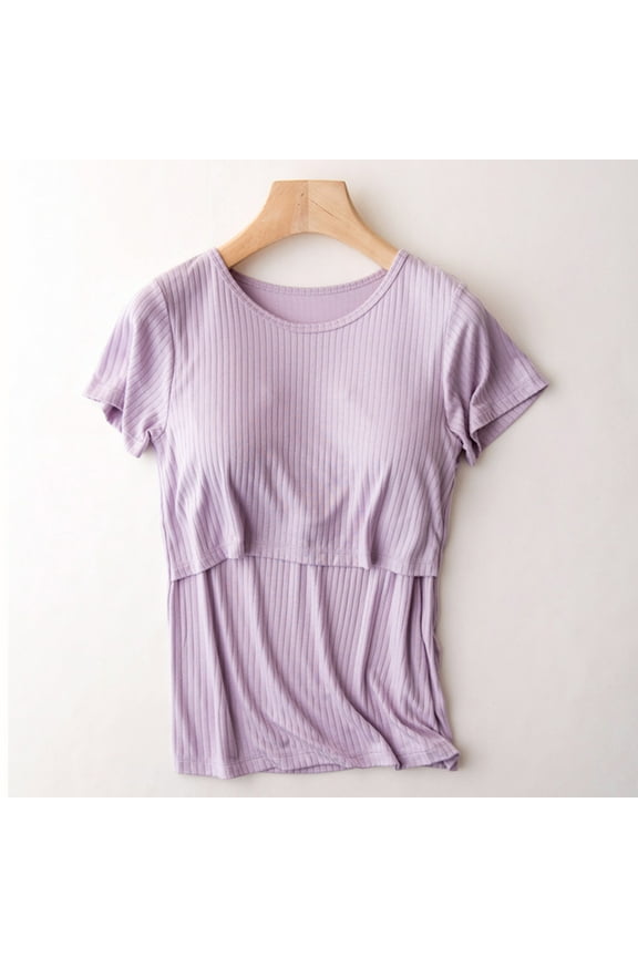 Pregnant Maternity Breastfeeding Short Sleeve Tops for Women Womens Maternity Nursing Clothes Solid Color Breastfeeding Blouse Top Purple XXL