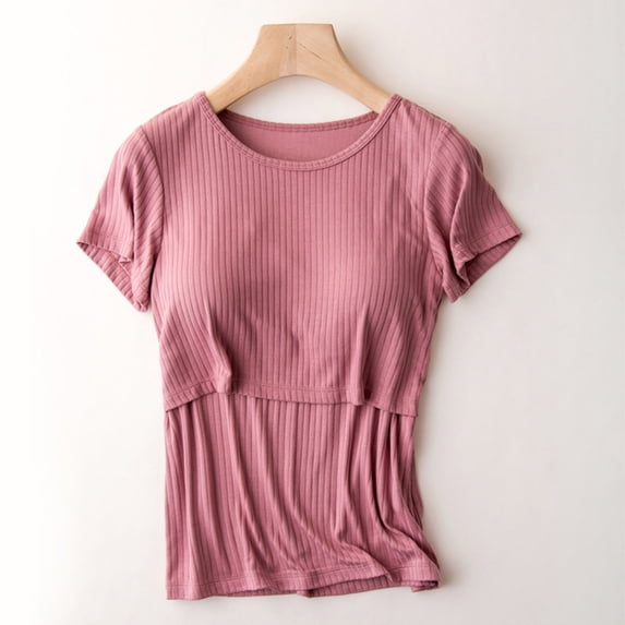BLTIBY Pregnant Maternity Breastfeeding Short Sleeve Tops for Women Womens Maternity Nursing Clothes Solid Color Breastfeeding Blouse Top Red L