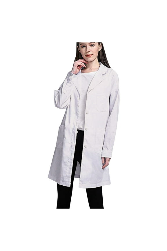 Professional Lab Coat for Women, Full Sleeve Cotton Long Medical Lapel Button Down Jacket Female White Lab Coat with Pockets White XXL