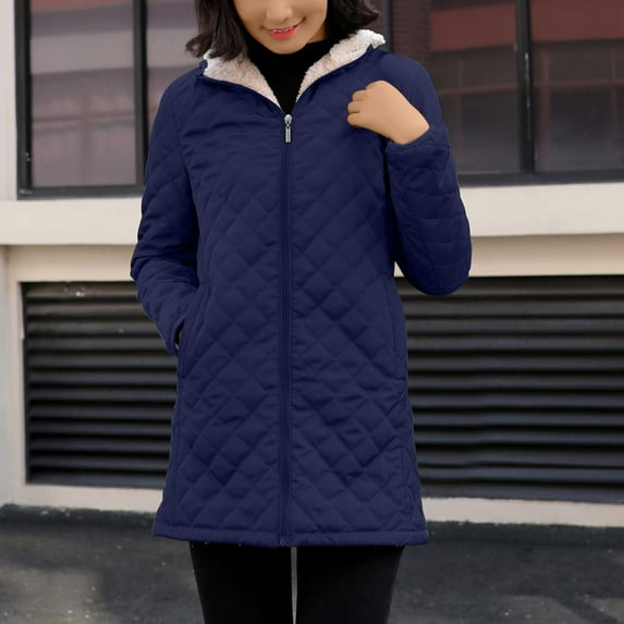 BLTIBY Puffer Jacket for Women Hoodies Fall Winter Thicked Fleeced Solid Color Quilted Zip Long Sleeve Outerwear Mid Length Padded Coat with Pockets Navy XXL
