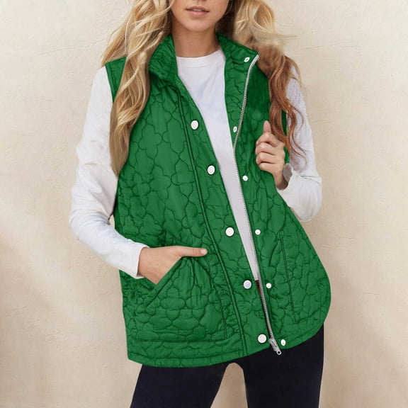 BLTIBY Puffer Vest for Women Fall Winter Quilted Sleeveless Stand Collar Warm Jackets with Pockets Zip Up Snap Button Puffy Coat Fashion Outerwear Green 3XL