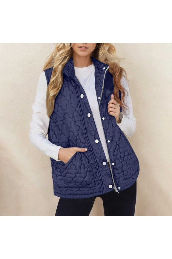 Puffer Vest for Women Fall Winter Quilted Sleeveless Stand Collar Warm Jackets with Pockets Zip Up Snap Button Puffy Coat Fashion Outerwear Navy XXL