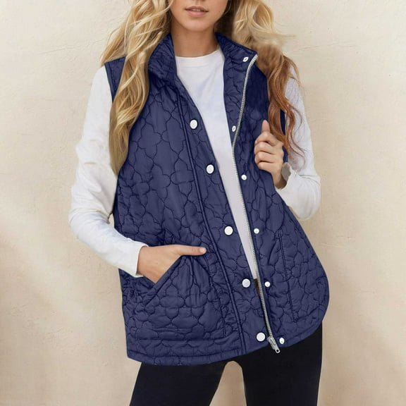BLTIBY Puffer Vest for Women Fall Winter Quilted Sleeveless Stand Collar Warm Jackets with Pockets Zip Up Snap Button Puffy Coat Fashion Outerwear Navy XXL