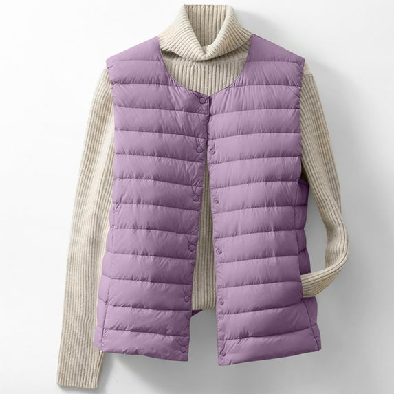 BLTIBY Puffer Vest for Women Fall Winter Quilted Sleeveless Crewneck Warm Jackets with Pockets Fashion Button Doen Puffy Coat Outerwear Purple M