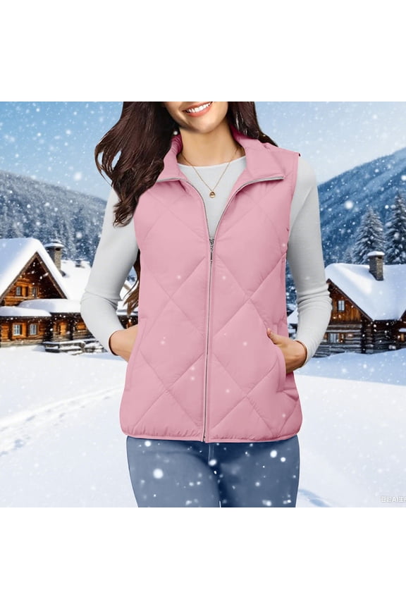 Puffer Vest for Women Quilted Lapel Zip Up Warm Coat Winter Trendy Puffy Sleeveless Jacket with Pockets Pink L