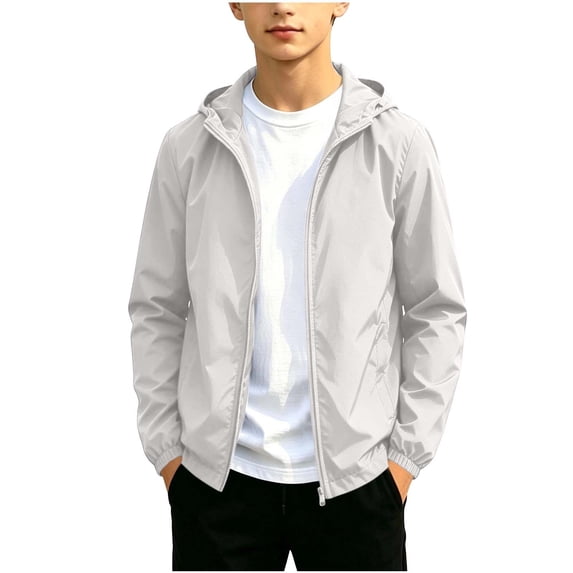 BLTIBY Rain Jacket Boys Girls Waterproof Hooded Raincoats Fashion Lightweight Windbreaker Fall Zip Jackets with Pockets White 19-20Years