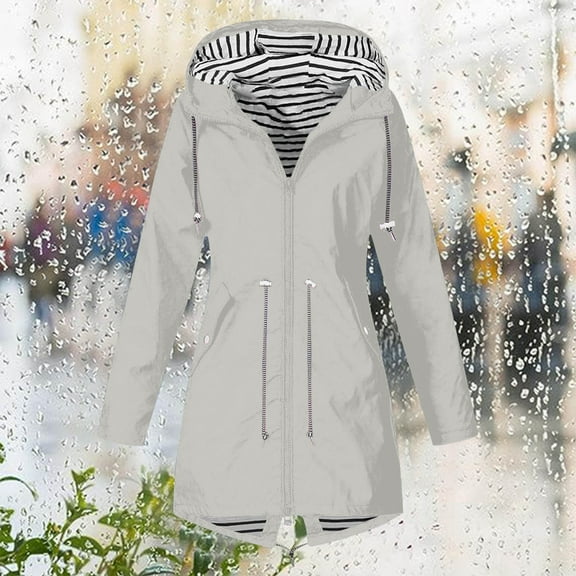 BLTIBY Rain Jacket for Women Zip Hooded Winter Fall Raincoat Waterproof Outdoor Travel Hiking Windbreaker Long Trench Lightweight Coats with Pockets Gray S