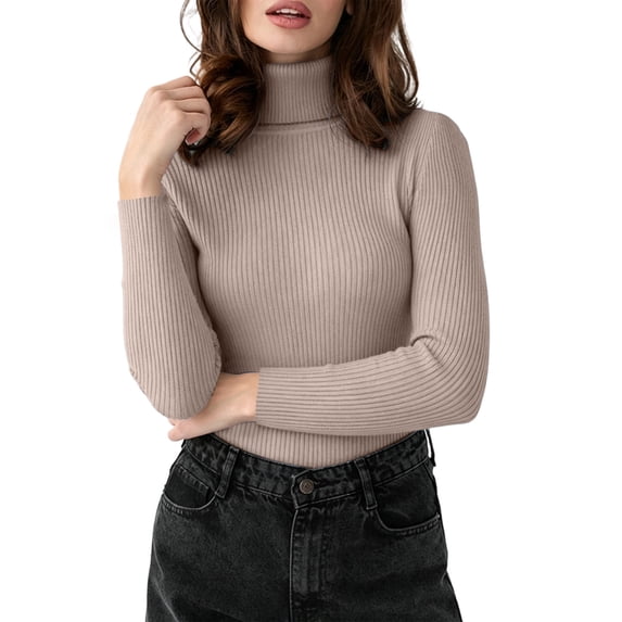 BLTIBY Ribbed Kitted Tops for Women Long Sleeve High Neck Fall Winter Slim Fit Blouse Pullover Fashion Layer Sweater Khaki Free Size