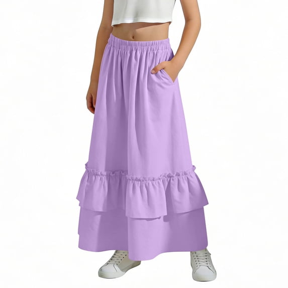 BLTIBY Ruffle Tiered Flowy Maxi Skirt for Girls Summer Boho Elastic High Waisted A-Line Swing Beach Skirts with Pockets Purple 8-9 Years
