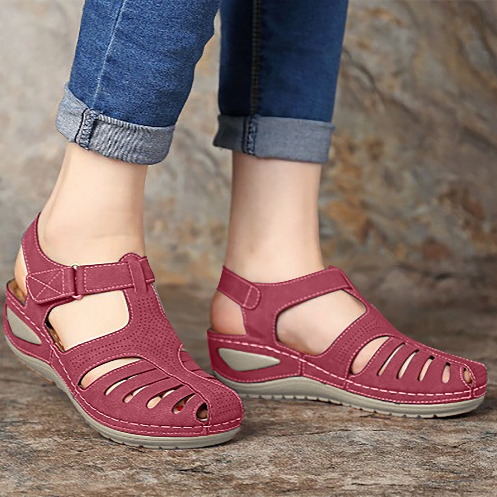 Women Hollow Out Leather Low Heel Sandals