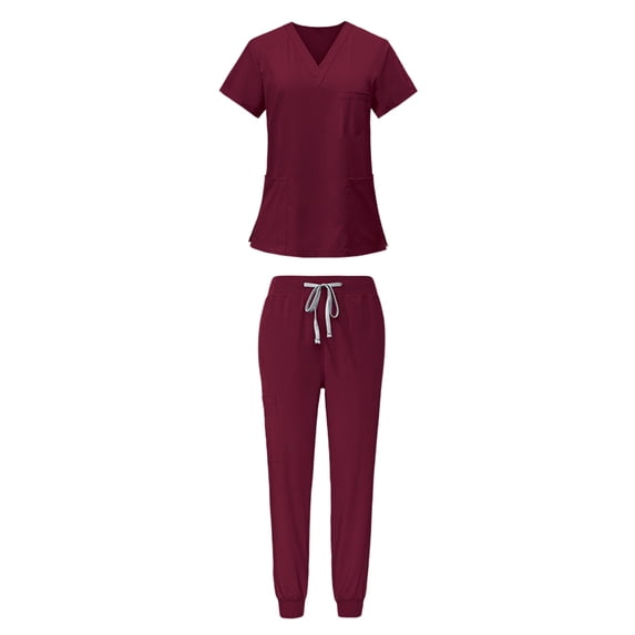 BLTIBY Scrubs for Men Set Stretch Fit Scrub V-Neck Top & Jogger Pants Medical Nurse Uniforms Outfits Multi Pockets Wine S