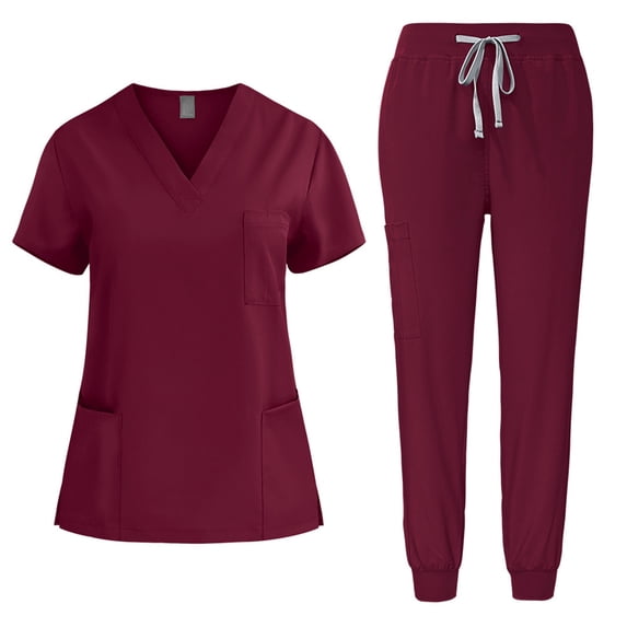 BLTIBY Scrubs for Women Set 2025 Summer Medical Uniform Stretch Short Sleeve V-Neck Scrub Top & Jogger Pant with 8 Pockets Wine L