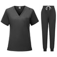 thumbnail image 1 of BLTIBY Scrubs for Women Set Summer Medical Uniform Stretch Short Sleeve V-Neck Scrub Top & Jogger Pant with Pockets Black M, 1 of 5