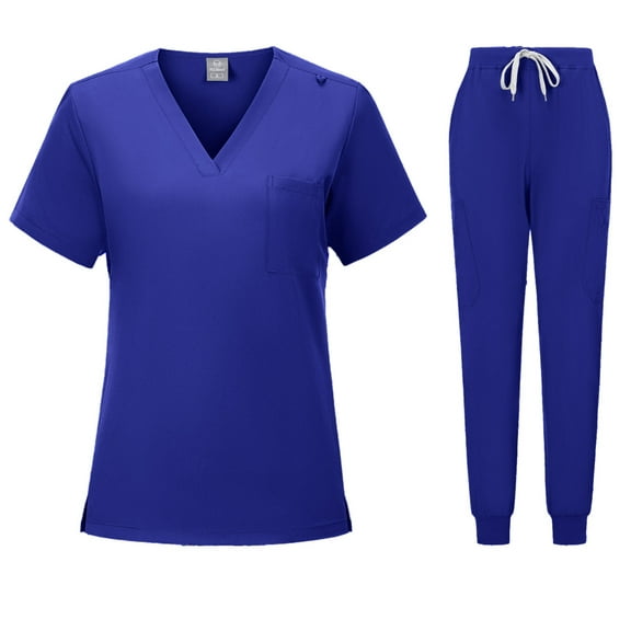 BLTIBY Scrubs for Women Set Summer Medical Uniform Stretch Short Sleeve V-Neck Scrub Top & Jogger Pant with Pockets Blue M