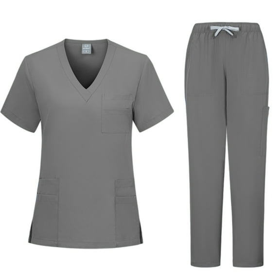 BLTIBY Scrubs for Women Set Summer Medical Uniform Stretch Short Sleeve V-Neck Scrub Top & Jogger Pant with Pockets Gray 2 XXL
