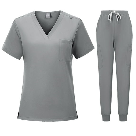 BLTIBY Scrubs for Women Set Summer Medical Uniform Stretch Short Sleeve V-Neck Scrub Top & Jogger Pant with Pockets Gray XXL