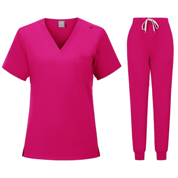 BLTIBY Scrubs for Women Set Summer Medical Uniform Stretch Short Sleeve V-Neck Scrub Top & Jogger Pant with Pockets Hot Pink S