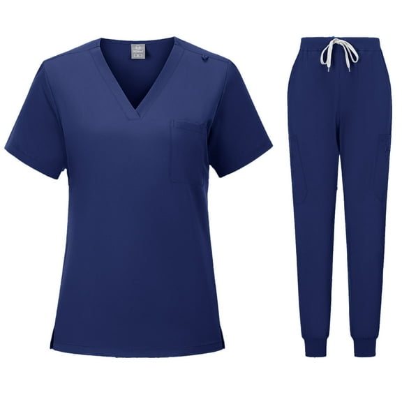 BLTIBY Scrubs for Women Set Summer Medical Uniform Stretch Short Sleeve V-Neck Scrub Top & Jogger Pant with Pockets Navy S