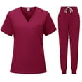 thumbnail image 1 of BLTIBY Scrubs for Women Set Summer Medical Uniform Stretch Short Sleeve V-Neck Scrub Top & Jogger Pant with Pockets Wine M, 1 of 5