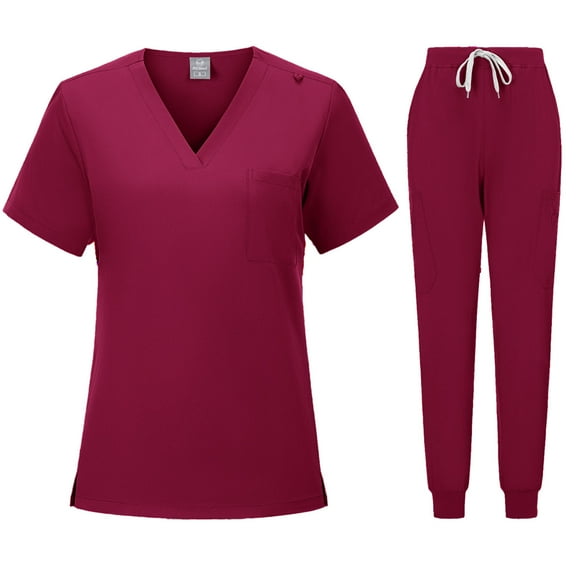 BLTIBY Scrubs for Women Set Summer Medical Uniform Stretch Short Sleeve V-Neck Scrub Top & Jogger Pant with Pockets Wine S