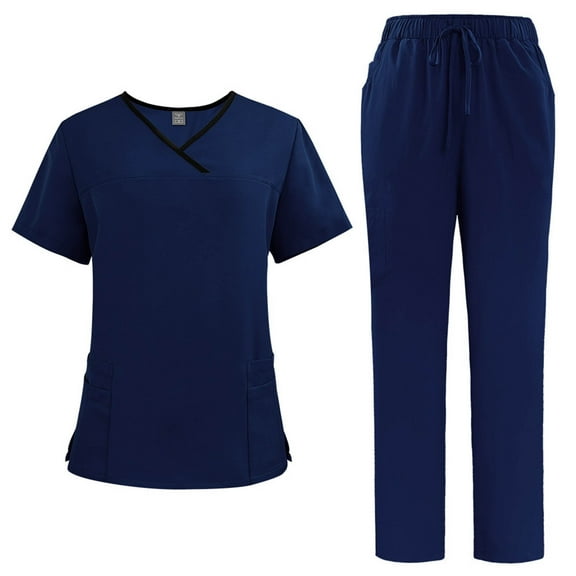 BLTIBY Scrubs for Women Set Summer Solid Color Medical Uniform Stretch Short Sleeve V-Neck Scrub Top & Jogger Pant with Pockets Dark Blue XXL