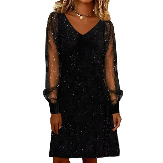 BLTIBY Sequin Dresses for Women Mesh Panel Casual V Neck Long Sleeve Dress Solid Sparkle Fashion Loose Fit Holiday Party Summer Clothes Black S