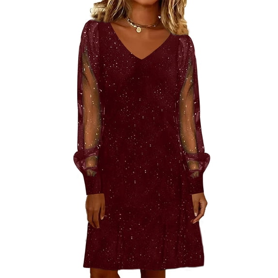 BLTIBY Sequin Dresses for Women Mesh Panel Casual V Neck Long Sleeve Dress Solid Sparkle Fashion Loose Fit Holiday Party Summer Clothes Wine S