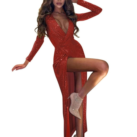 BLTIBY Sequin Formal Dresses for Women Wrap V Neck Long Sleeve High Split Maxi Dress Sparkly Elegant Bodycon Evening Prom Dress Red XL
