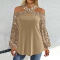 thumbnail image 1 of BLTIBY Sequin Tops for Women Vintage Off Shoulder Cross Halter Long Sleeve Shirts Flowy Blouse Sparkly Bling T-Shirts Disco Outfit Khaki L, 1 of 7