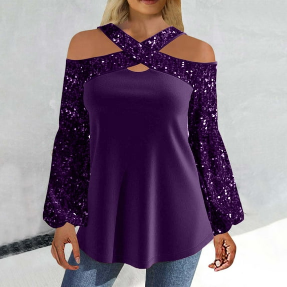 BLTIBY Sequin Tops for Women Vintage Off Shoulder Cross Halter Long Sleeve Shirts Flowy Blouse Sparkly Bling T-Shirts Disco Outfit Purple XXL