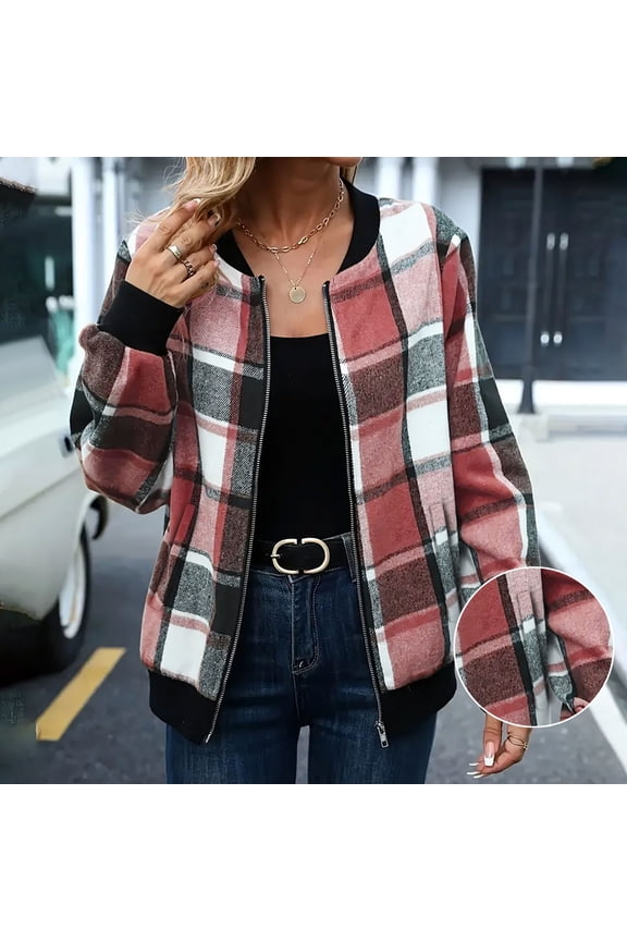 Shackets for Women Fashion Casual Zip Up Flannel Plaid Jacket Baggy Casual Outwear Coat Fall Winter Clothes with Pockets Red XXL