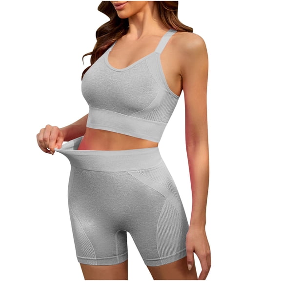 BLTIBY Shapewear Workout Sets for Women Two Piece Outfits Seamless Tummy Control High Waisted Biker Shorts Sports Bra Gym Yoga Activewear White Free Size