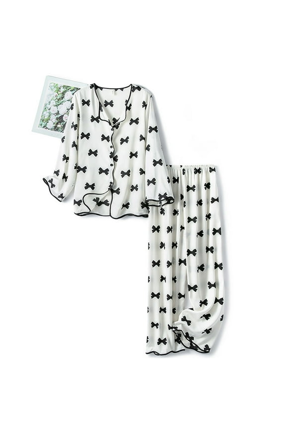 Sheer Silk Satin Pajamas for Women Bows Print Long Sleeve Blouse and Pants Pjs Set Two Piece Button Down Sleepwear White M