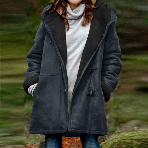 BLTIBY Sherpa Fleece Lined Jacket for Women Hoodies Plus Size Winter Warm Shearling Horn Button Coat Warm Casual Loose Hooded Coat with Pockets Navy 5XL