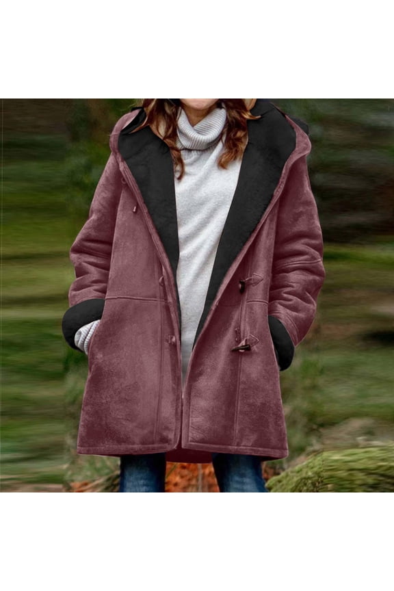 Sherpa Fleece Lined Jacket for Women Hoodies Plus Size Winter Warm Shearling Horn Button Coat Warm Casual Loose Hooded Coat with Pockets Red 4XL
