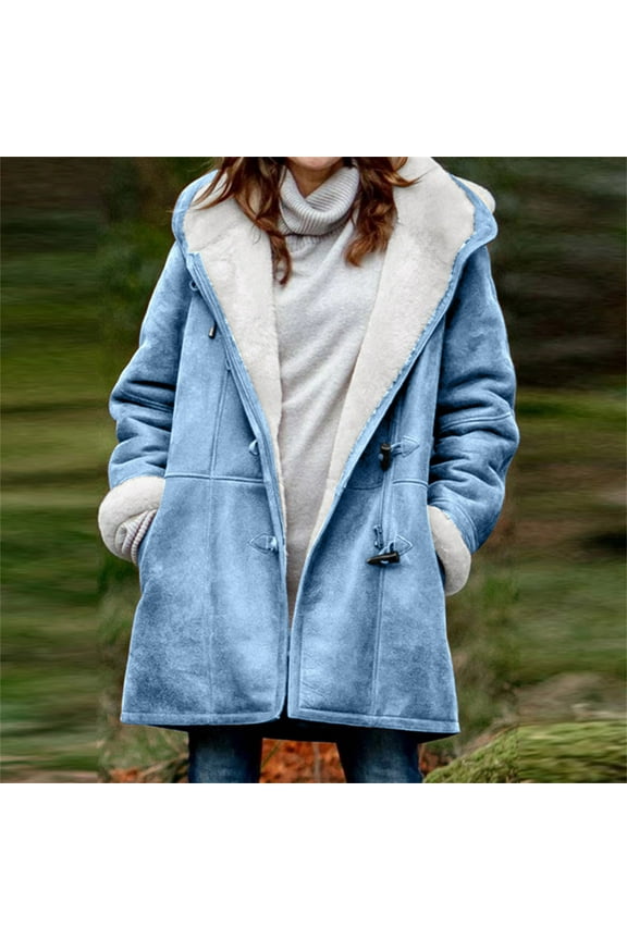 Sherpa Fleece Lined Jacket for Women Hoodies Winter Warm Shearling Horn Button Coat Warm Casual Loose Hooded Coat with Pockets Light Blue M