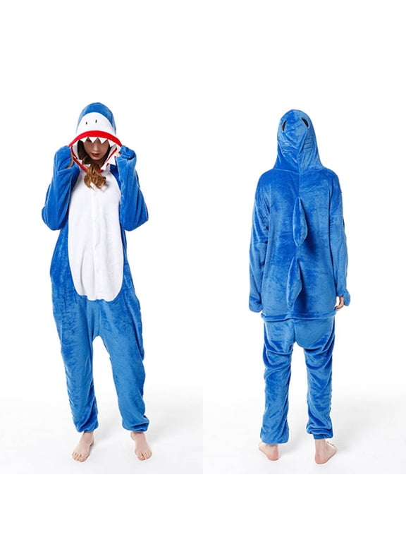 Sherpa Jumpsuit for Women Fuzzy Pajamas Long Sleeve Adult Shark Onesie Winter Thicked Rompers Sleepwear Homewear Blue M