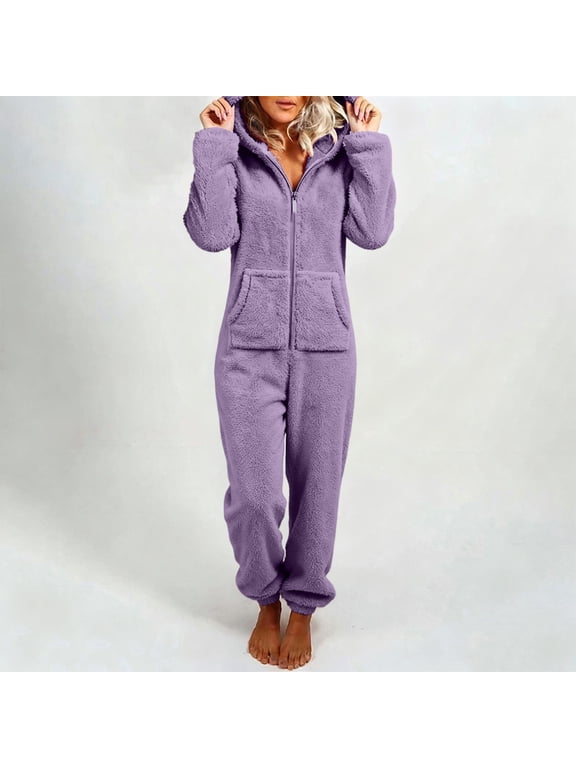 Sherpa Jumpsuit for Women Hoodies Fuzzy Pajamas Long Sleeve Adult Onesie Pajamas Winter Rompers Sleepwear with Pockets Purple M