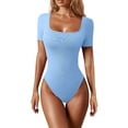 thumbnail image 1 of BLTIBY Short Sleeve Bodysuit for Women Square Neck Solid Color Ribbed Thong Jumpsuit Tummy Control Seamless Shapewear Fashion Basic Bodysuits Sky Blue L, 1 of 3