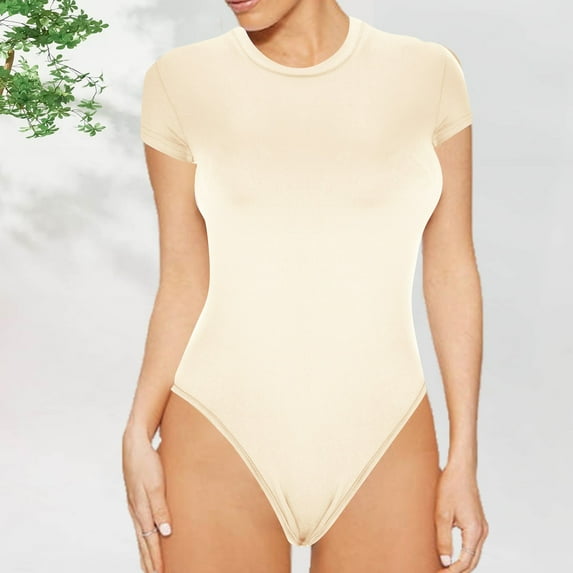 BLTIBY Short Sleeve Bodysuit for Women Round Neck Solid Color Thong Jumpsuit Tummy Control Seamless Shapewear Fashion Bodysuits Khaki L