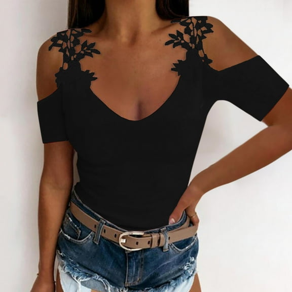 BLTIBY Short Sleeve Sweatshirts Top for Women V Neck Off-the-shoulder Solid Color Casual Shirts 2024 Trendy Loose Blouses Black M