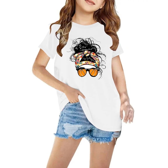 BLTIBY Short Sleeve Tops for Girls Boys Round Neck Printed Cotton T-Shirt Trendy Lightweight Pullover Blouse White 7-8 Years